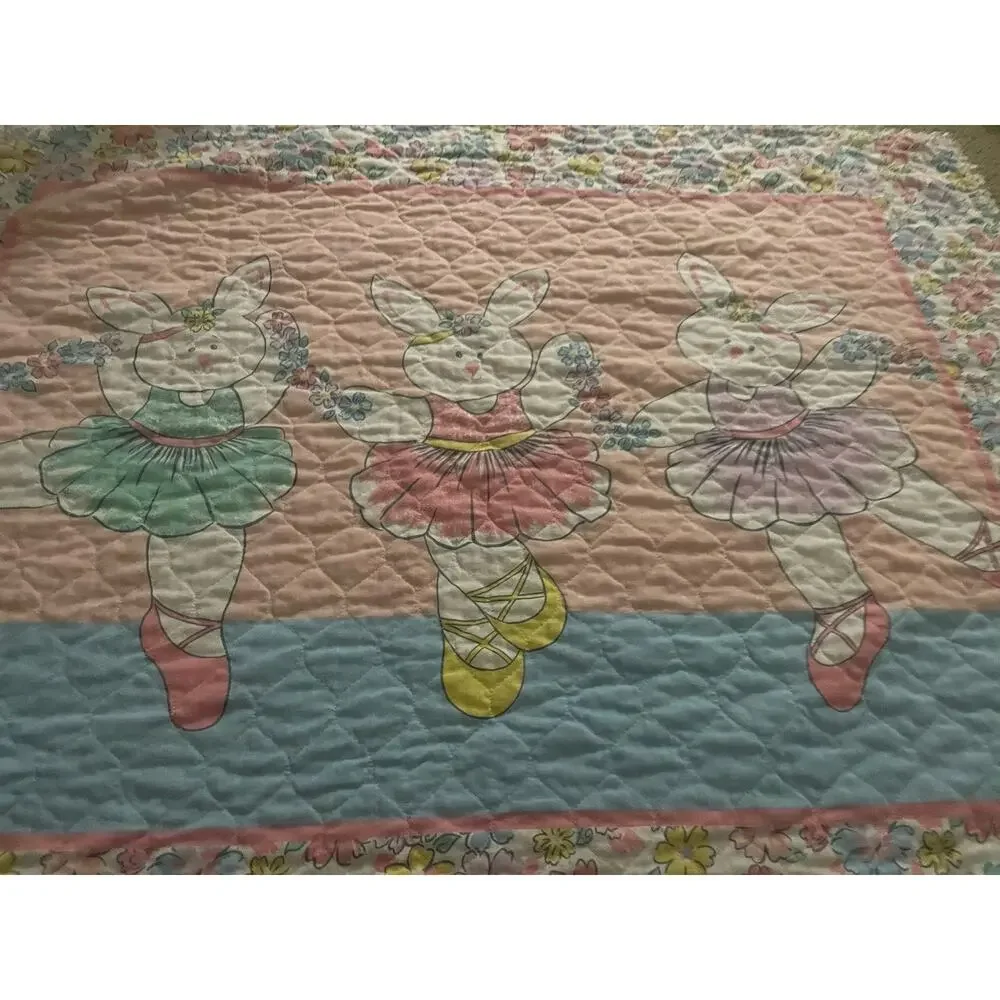 Vintage Handmade Ballerina‎ Bunny Rabbits Pastel Floral Baby Blanket